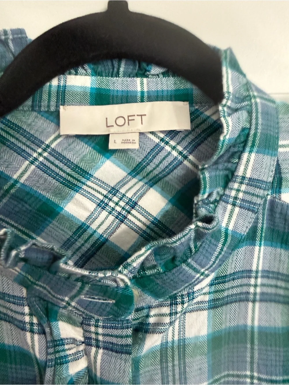 LOFT Ruffled Flannel  Blouse Teal/Blue/Cream